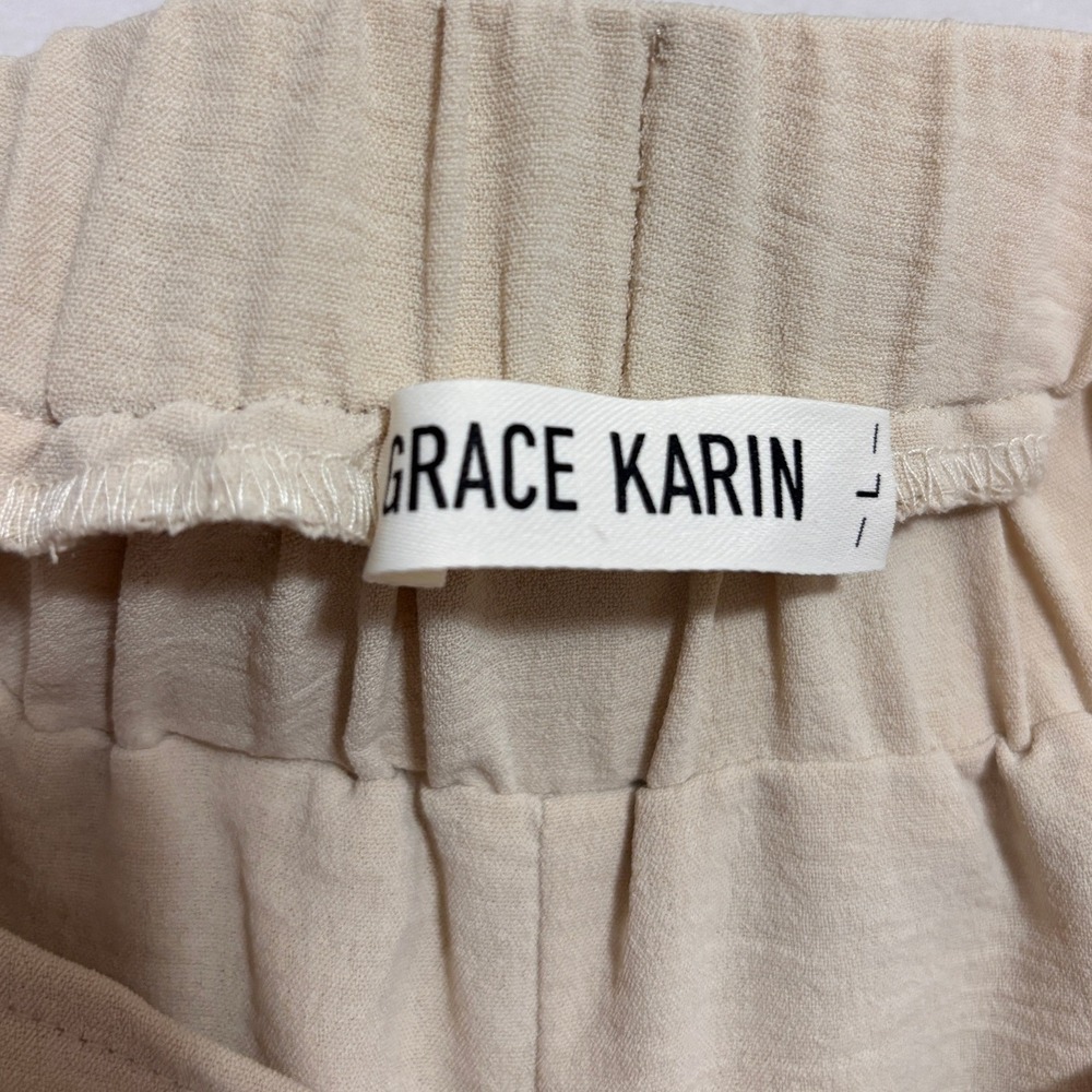 Grace Karin Wide Leg Palazzo Pants Beige Wrap Tie Waist Split Hem Boho Beachy L - Picture 5 of 9